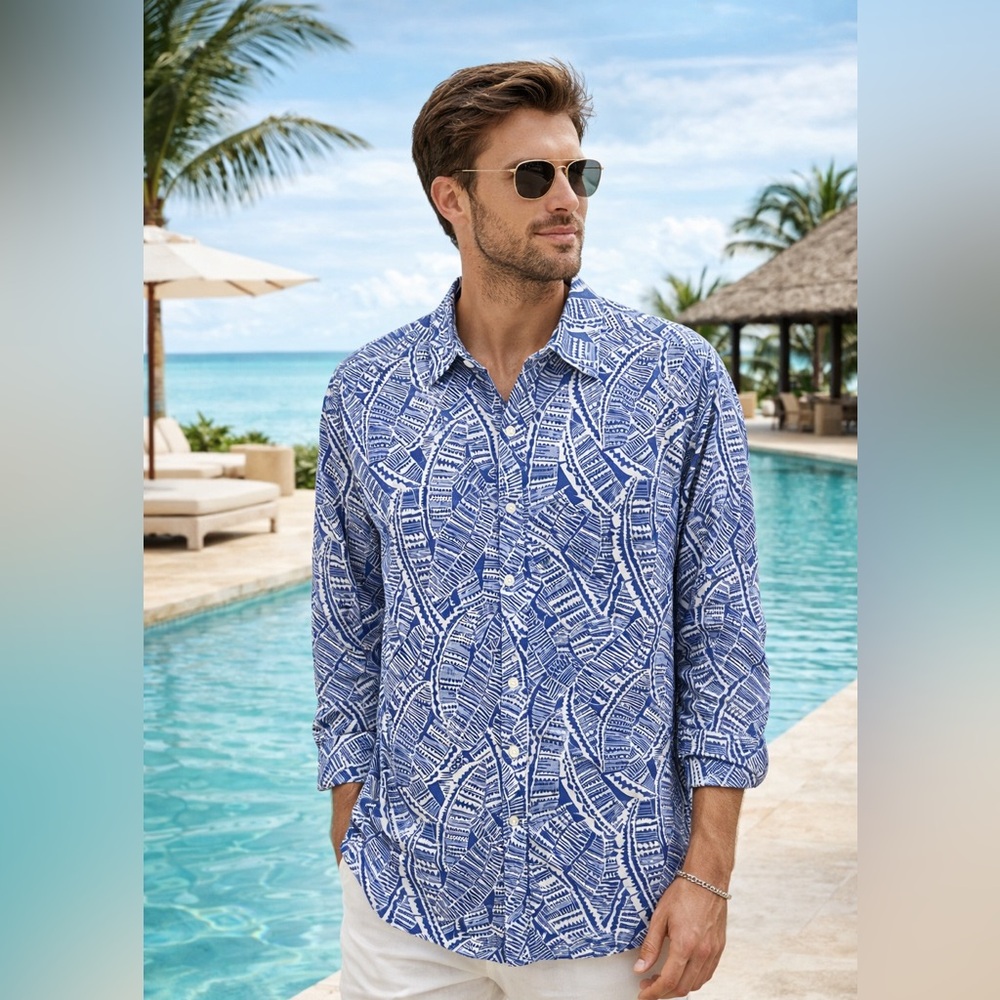 J. McLaughlin Top Men’s XL Button Down Long Sleeve 100% Linen Blue Abstract